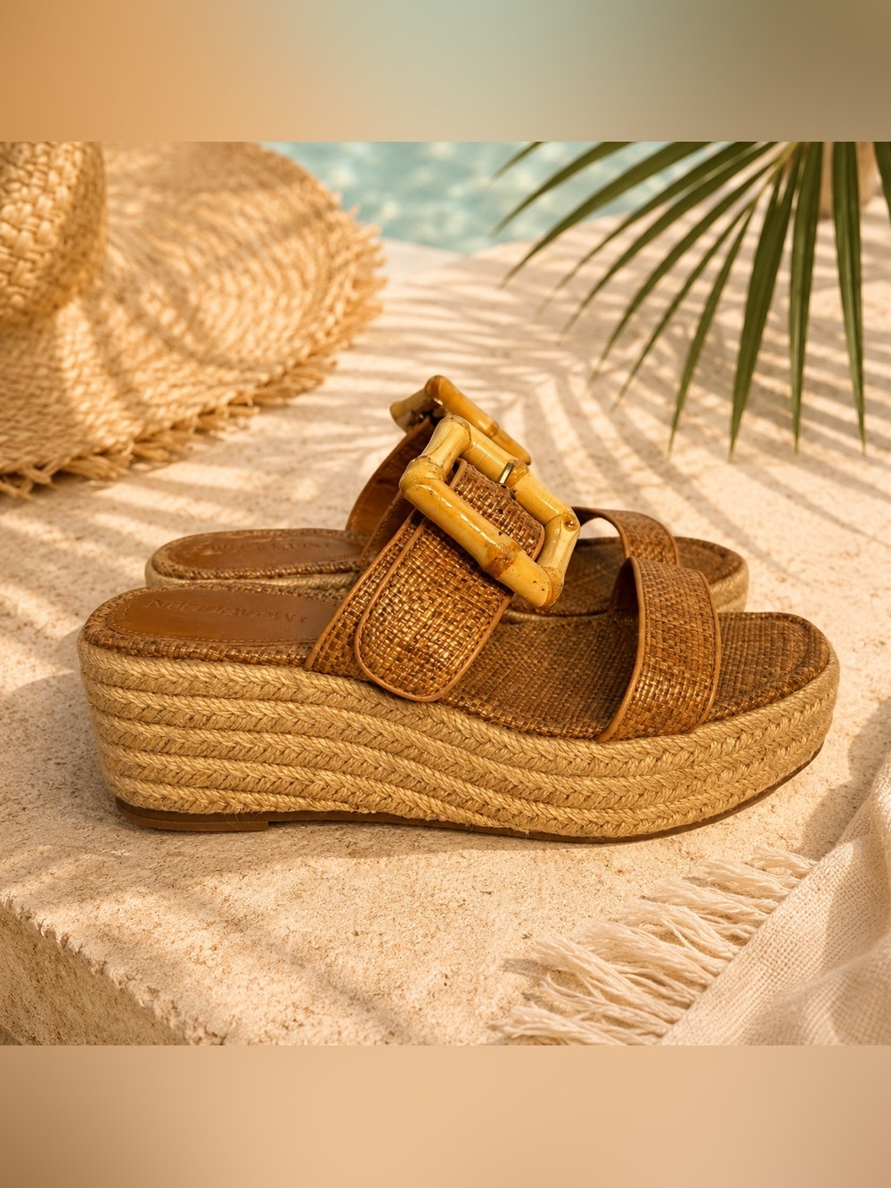J. McLaughlin Fleur Raffia Espadrille Platform Wedge Sandals Bamboo Buckle Sz 6 - Picture 5 of 8